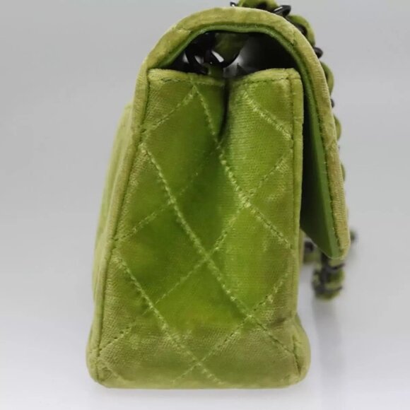 CHANEL Mini Matelasse 20 Single Flap Chain Bag Velor Green CC Auth 115601A - Picture 6 of 16